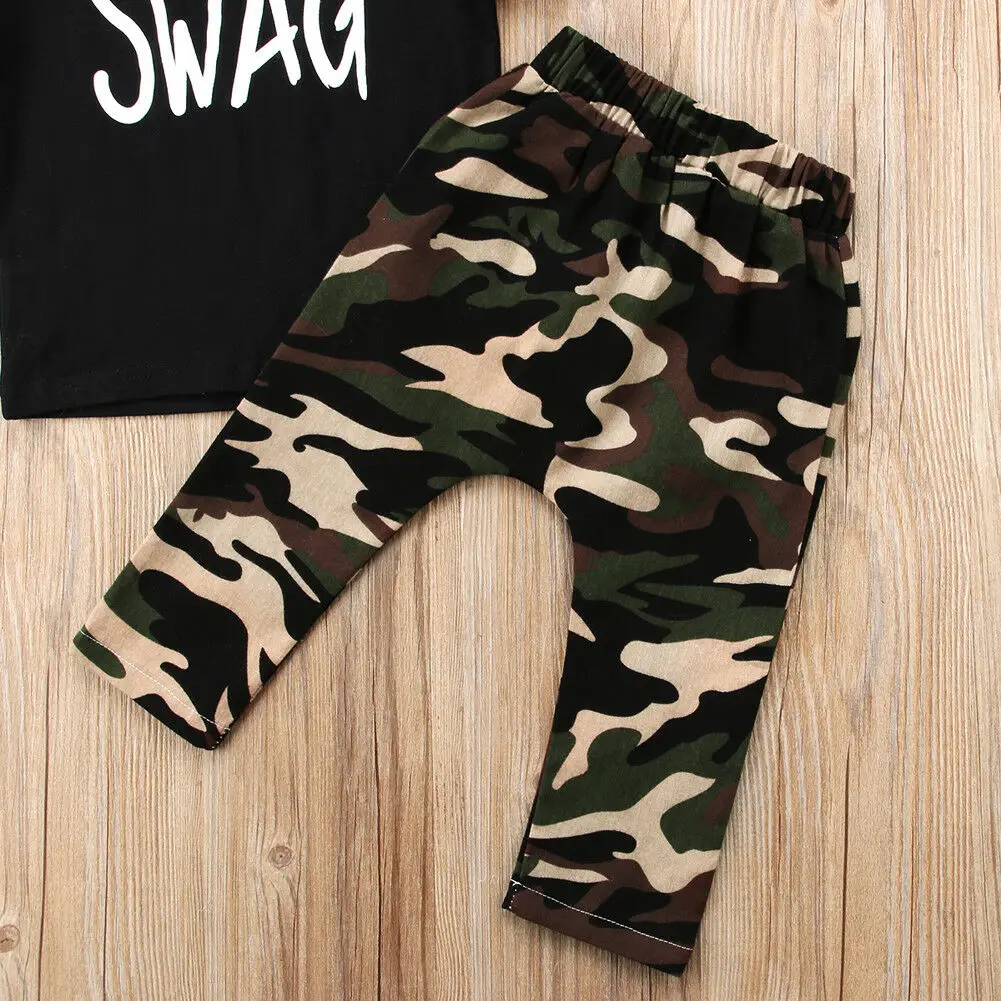 Fashion Toddler Kids Baby Boys Clothes Letter Tops T-shirt+ Camo Pants 2Pcs Outfit Set |