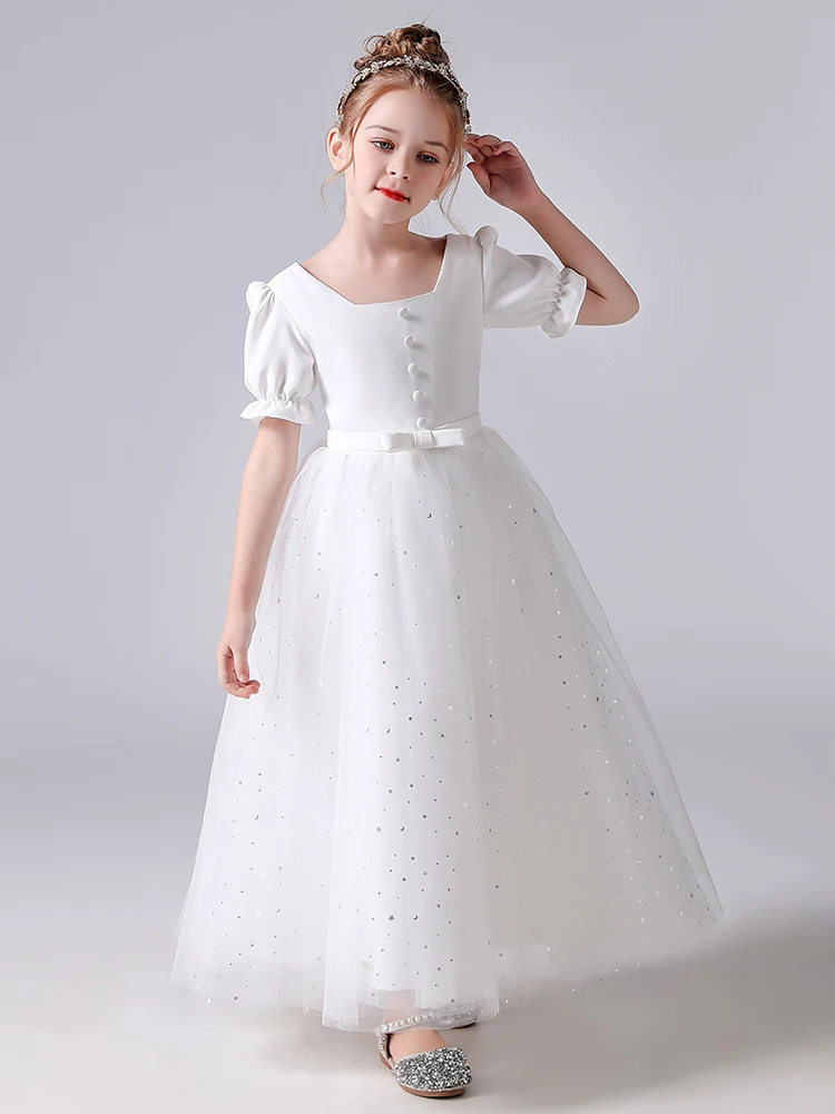

Long White Flower Girl Dresses For Wedding First Communion Dresses Princess Puffy Tulle Children Birthday Gowns