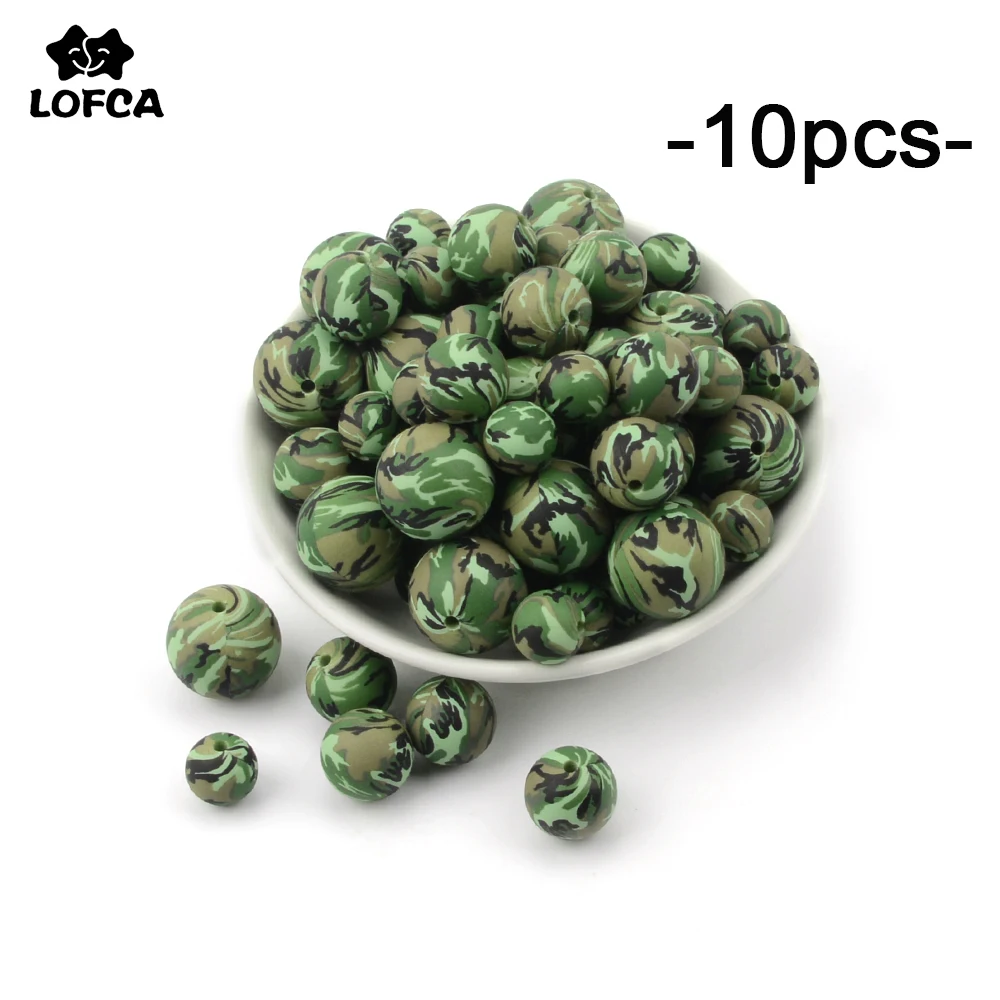 LOFCA 10pcs Camo Print Silicone beads 12/15/19mm Baby Teething Beads DIY Chewable food grade silicone Teether Round Beads