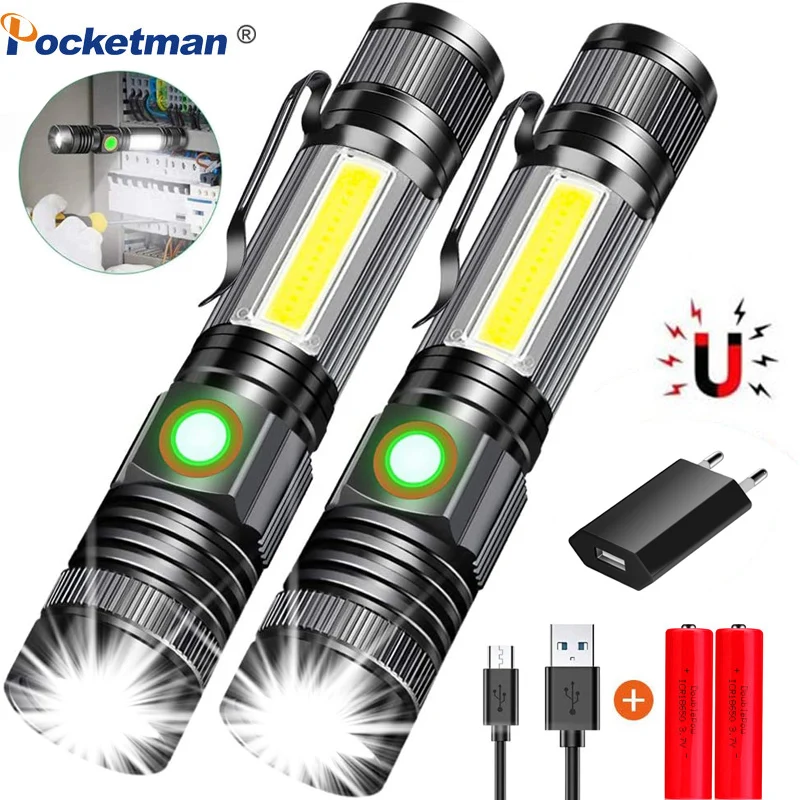 

LED Tactical Rechargeable Magnetic Flashlight Super Bright LED Zoomable with Cob Side light LED Torch Hiking Emergency Lighting