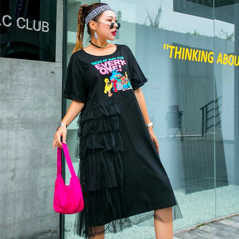 Женское платье с коротким рукавом QING MO летнее Сетчатое большого размера принтом