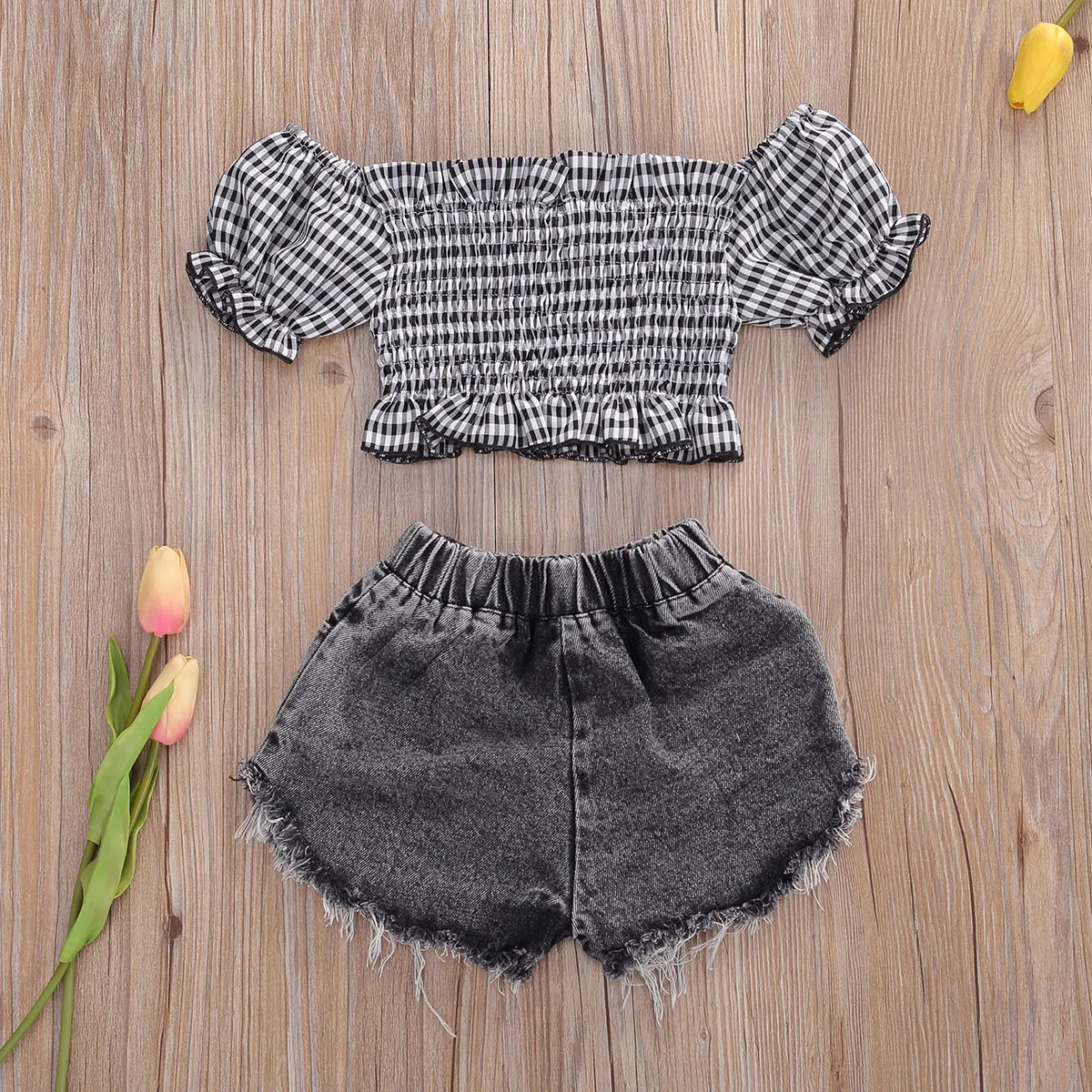 Conjunto de ropa a la moda para ni&ntilde;os y ni&ntilde;as, camisetas de manga corta con estampado a cuadros, Tops, pantalones cortos Vaqueros, 2 uds., verano de 2-9 a&ntilde;os-5