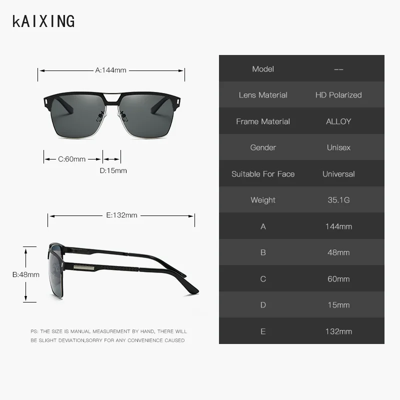 

KAIXING Brand Polarized Sunglasses Square Vintage Sun glasses Men Woman HD anti-Glare Blue Film auto car glasses for Driving