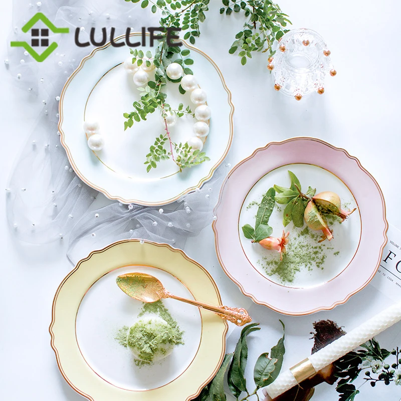 Золотая инкрустация керамическая тарелка форма цветка Десерт Фрукты стейк набор