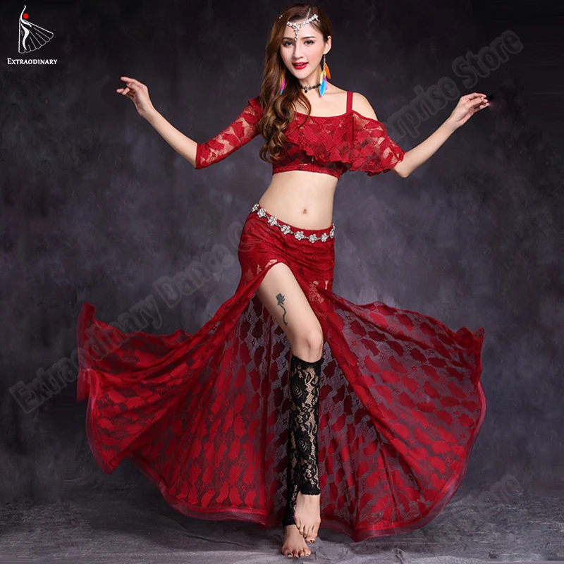 

Women Belly Dance Costume Practice Clothes Floral Lace Half Sleeve Shoulder Top and Skirt Bellydancing Performance 2 Pieces
