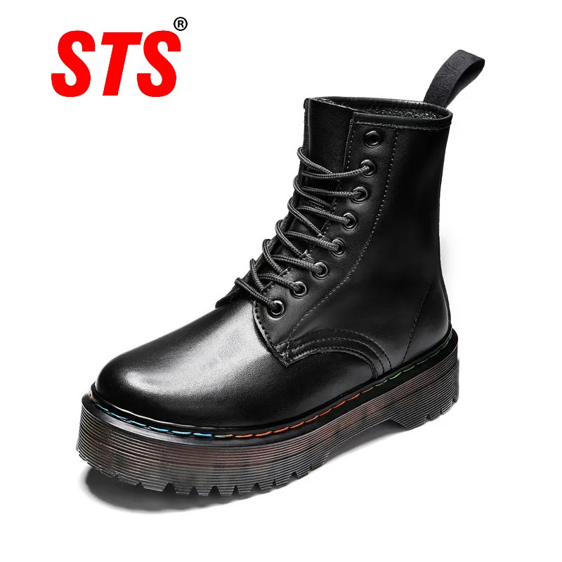 

STS Women Boots Ladies Genuine Leather Ankle Boots Thick Bottom Shoes Winter Fur Warm Boots Female Motorcycle Shoes Femmes Boot