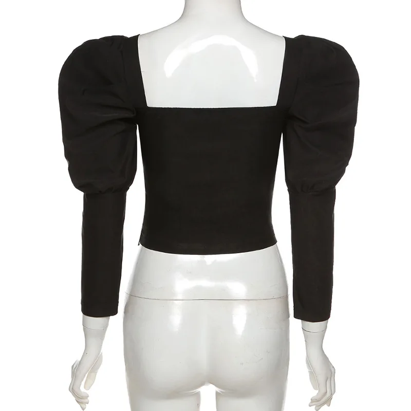 

Black Retro Palace Style Long-sleeved Bodycon Short Top 2021 Summer New Women's Mesh Stitching Fashion Sexy Navel Slim T-shirt