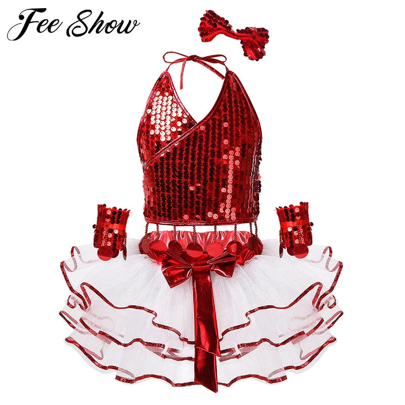 

Kids Girl Jazz Modern Dance Costumes Outfit Sparkly Sequins Halter Crop Top with Mesh Tutu Dress and Wrist Sleeves Hair Clip Set