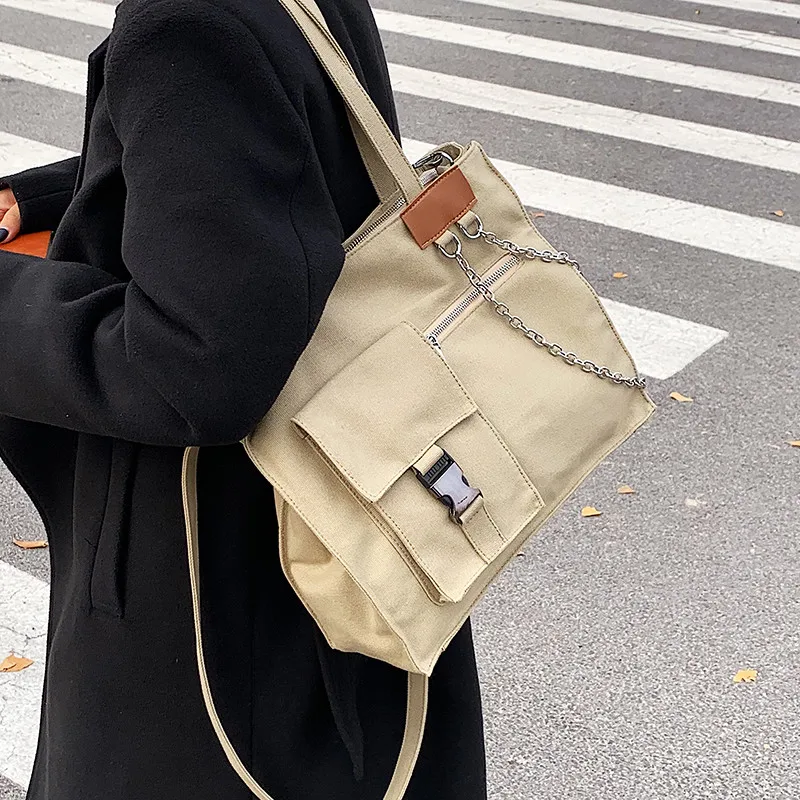 Холщовая женская сумка, вместительные повседневные сумки через плечо, дамская сумка на цепочке для покупок, большие тоуты, Студенческая сумочка