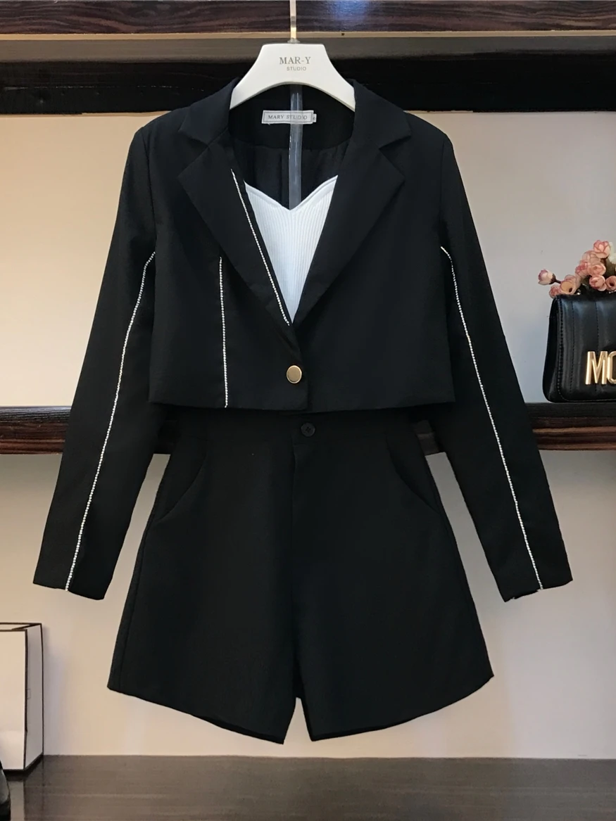 Autumn Outfit Blazer Sets Women High-end Drill Diamond Lapel Short Jacket + Casual Broad-legged Shorts Two-piece Suit Femme | Женская