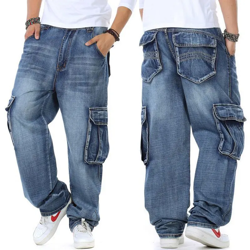 Mens Casual Loose Wide Leg Baggy Cargo Jeans Men Hip Hop Straight