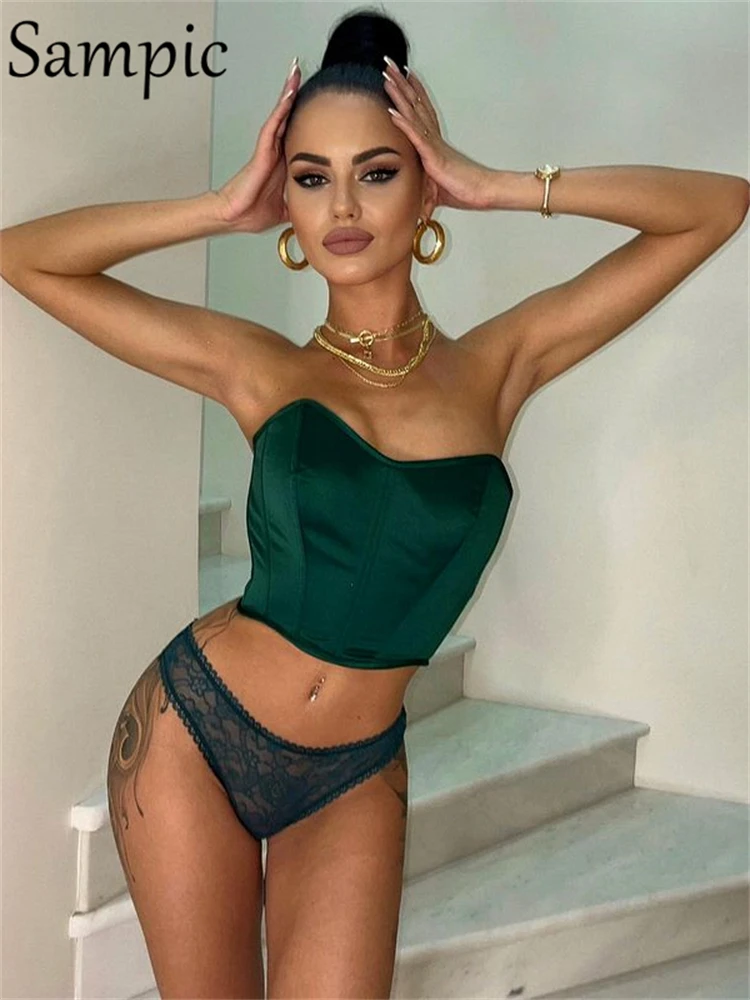 

Sampic Corset Elegant Satin Sexy Dark Green Tank Tops Club Women 2022 Summer Casual Skinny Basic T Shirt Tube Y2K Crop Tops