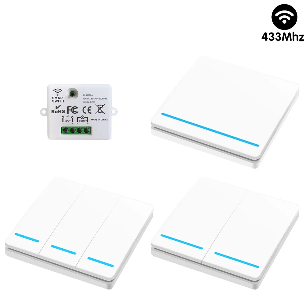 

433MHz Remote Control Switch,220V Wireless Light Switch,10A Mini Relay Module,Luminous Push Button Wall Switch Panel for LED DIY