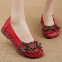 handmade genuine leather flats women shoe 2021 new summer woman sewing shallow loafers soft sole appliques womens moccasin red