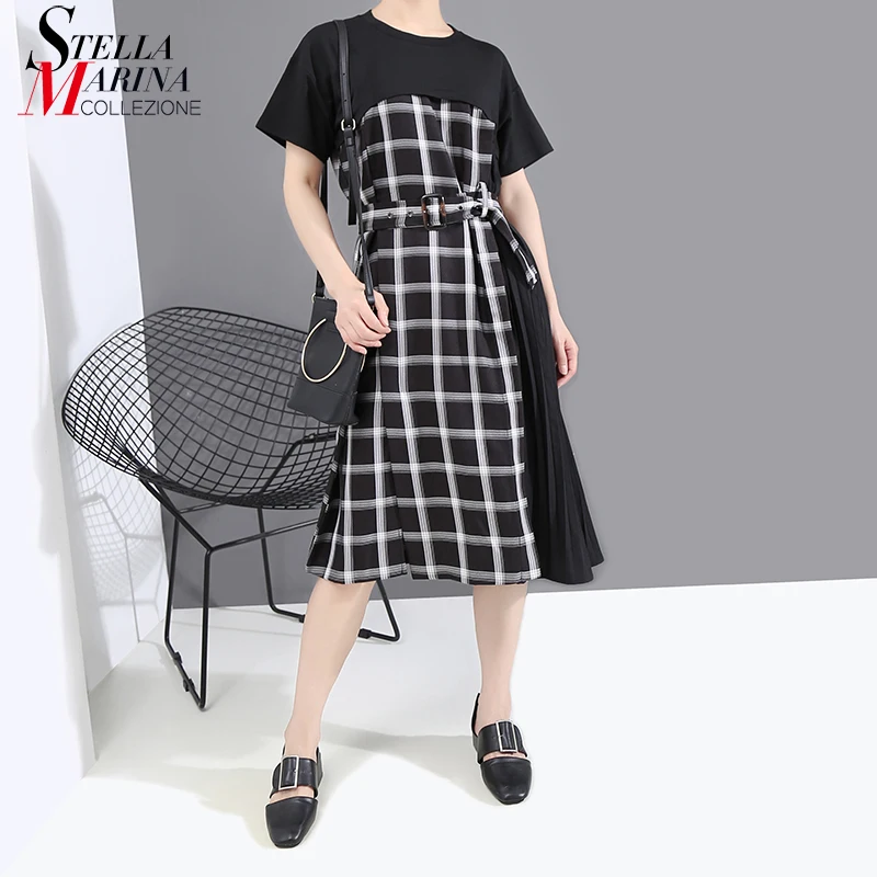 Новинка 2020 корейский стиль женская летняя одежда черное платье миди в клетку и