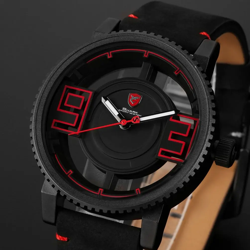 Red SH542 Megamouth акула спортивные часы черный красный 3D Специальный прозрачный дизайнер полые Лидирующий бренд кожа наручные кварцевые мужские часы/SH542 - Цвет: Red SH542
