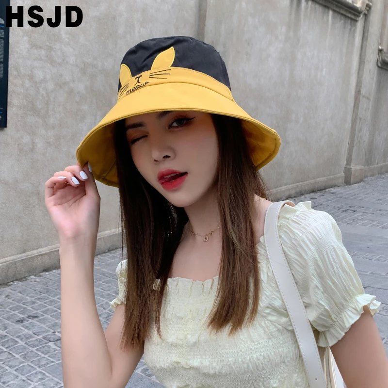 Cute Lovely Cat Ears Bucket Hat Summer Women's Hats Wide Brim Foldable Anti-UV Sun Beach Caps Panama Female Floppy Fisherman Cap