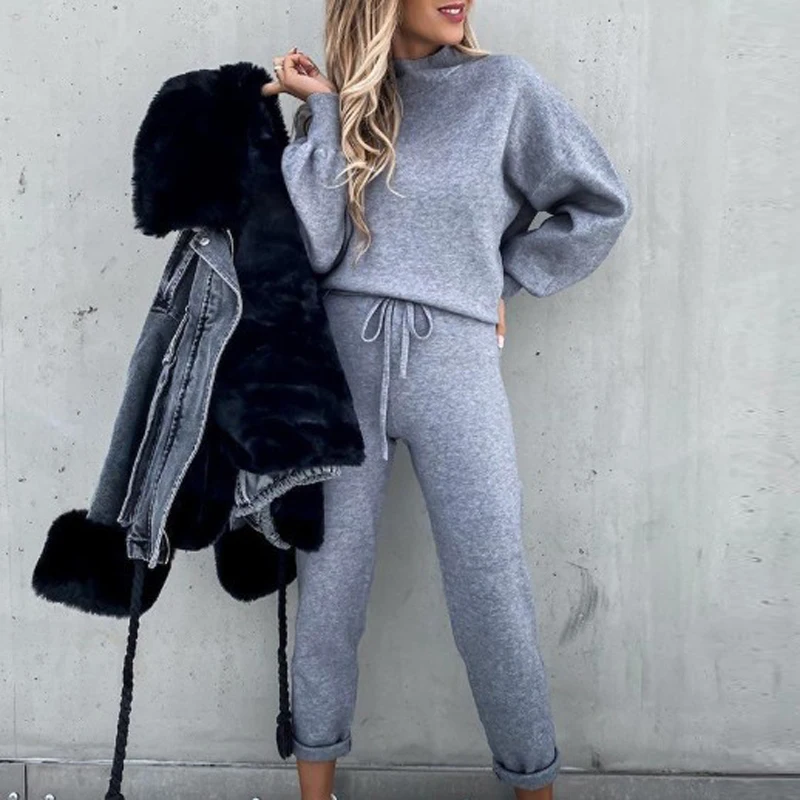 

2021 Autumn Winter Casual Fashion Solid Color Two-Piece Suit Women Elegant Off Shoulder Tops Ladies Loose Lace-Up Sweatshirt Set