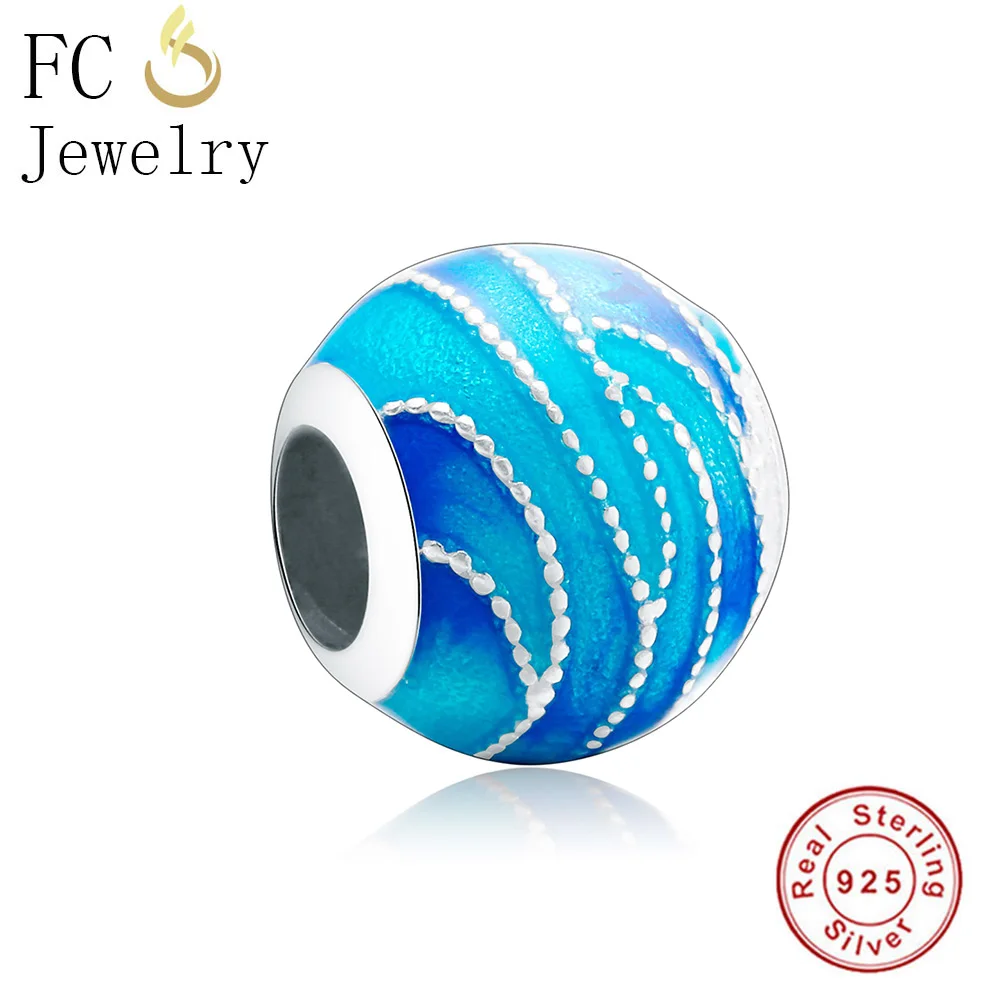 

FC Jewelry Fit Original Brand Charms Bracelet 925 Silver European Stripe Sky Enamel Lake Blue Sea Beads Rondelle Berloque DIY