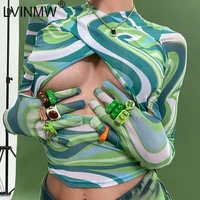 lvinmw o neck long sleeve water ripple hollow out sexy slim woman t shirts summer casual fashion printed with gloves cropped tee