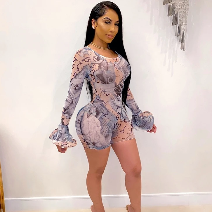 Боди с оборками на рукавах женские сетчатые комбинезоны принтом Облегающий