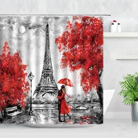 vintage paris tower printed shower curtains red trees oil painting art home wall decor cloth waterproof bathroom accessories set