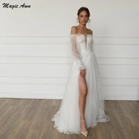 magic awn bohemian off the shoulder wedding dresses long sleeves lace appliques illusion beach bridal gowns side split vestidos