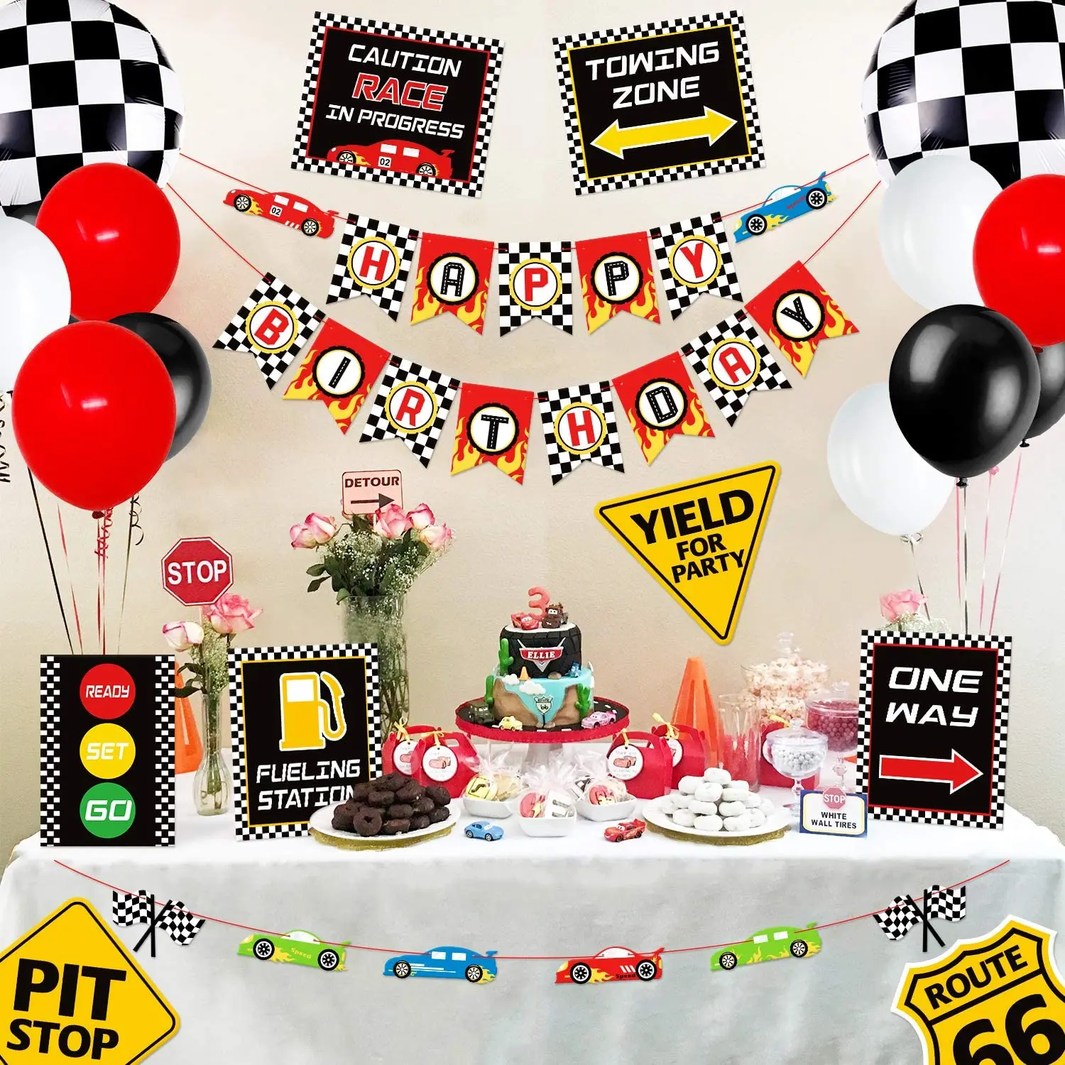 

Race Car Birthday Party Decoration Set Race Car Party Signs Racing Birthday Banner Checkered Flags Balloons for Boys Party