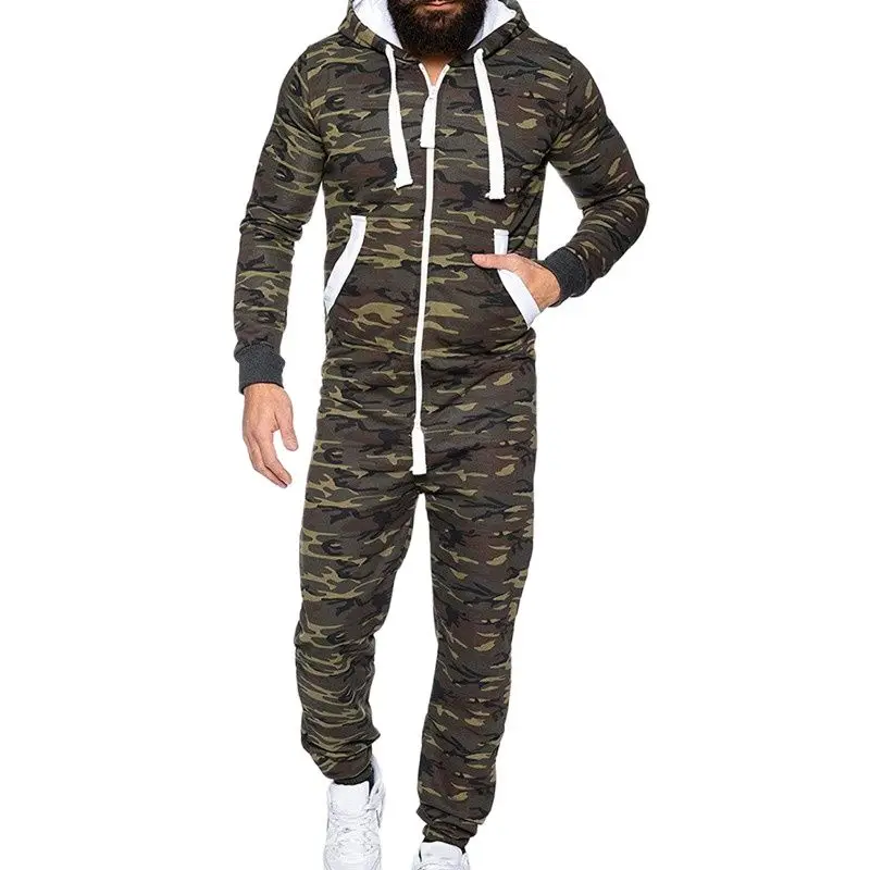 New Casual Men Jumpsuits Spring Autumn Camo Hoodies One-piece Suit Male Long Overalls Bibs Pants Rompers Brand Sportswear
