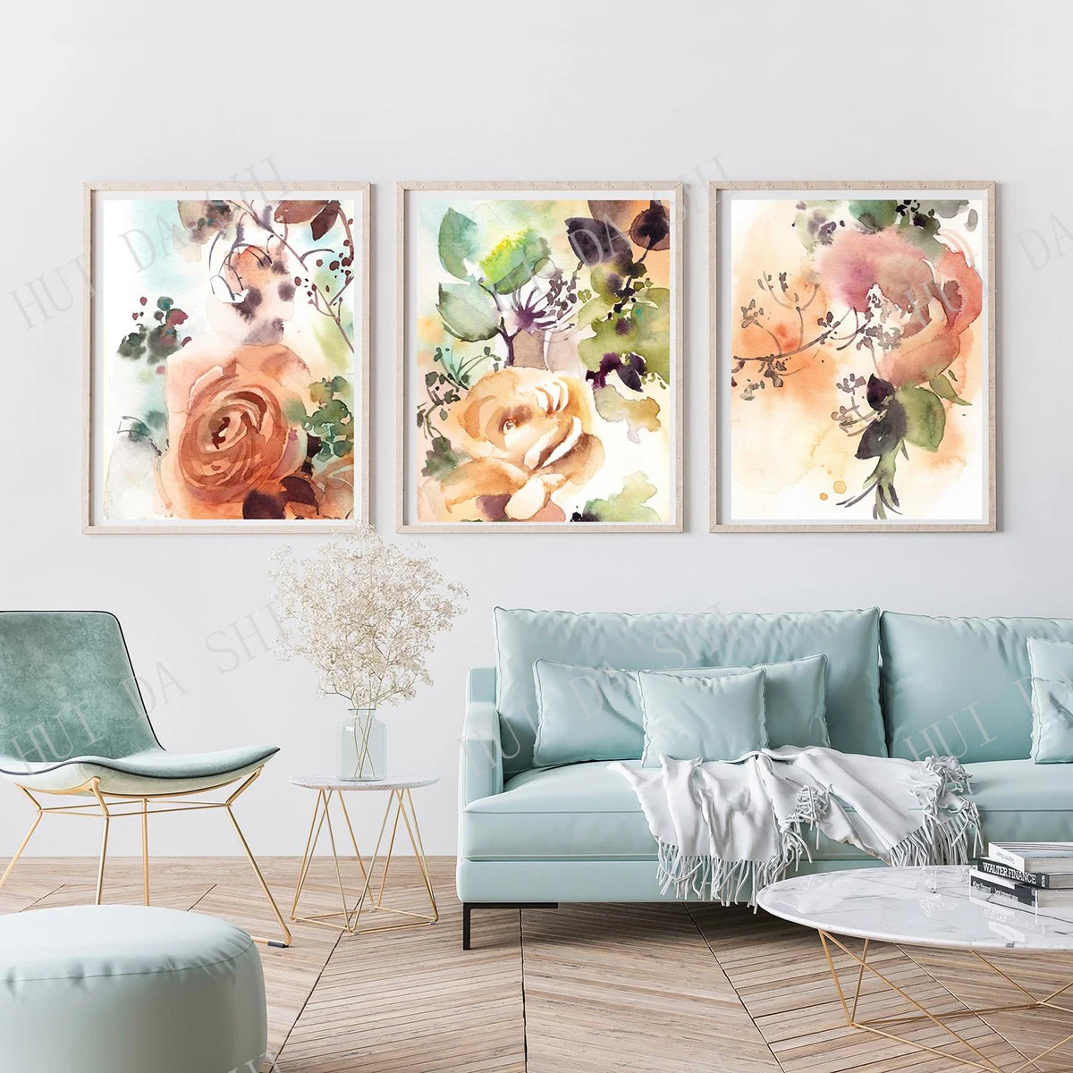 

Abstract Floral 3 Prints Set, botanical Wall Gallery Set of 3 Fine Art Prints, Peach Pink Green Flowers Watercolor Painting Art