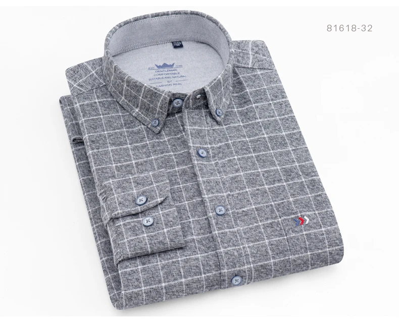 81618 32 gray plaid Мужские рубашки с длинным рукавом в клетку, повседневные мужские Рубашки, Топы, новинка, премиум комфорт, хлопок, обычная плотная рубашка на пуговицах - Цвет: 81618 32 gray plaid
