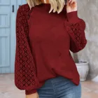 Женская кружевная рубашка, Осенний Повседневный Свободный пуловер с длинным рукавом и круглым вырезом, однотонная элегантная винтажная блузка, топы