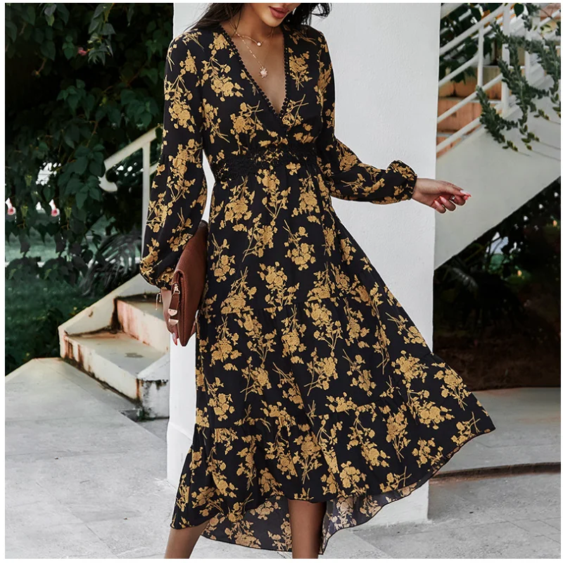 

2021 Spring New Women Dress Fashion Temperament Floral Print V Collar Elegant Female Slim High Waist Dress Holiday Beach Style