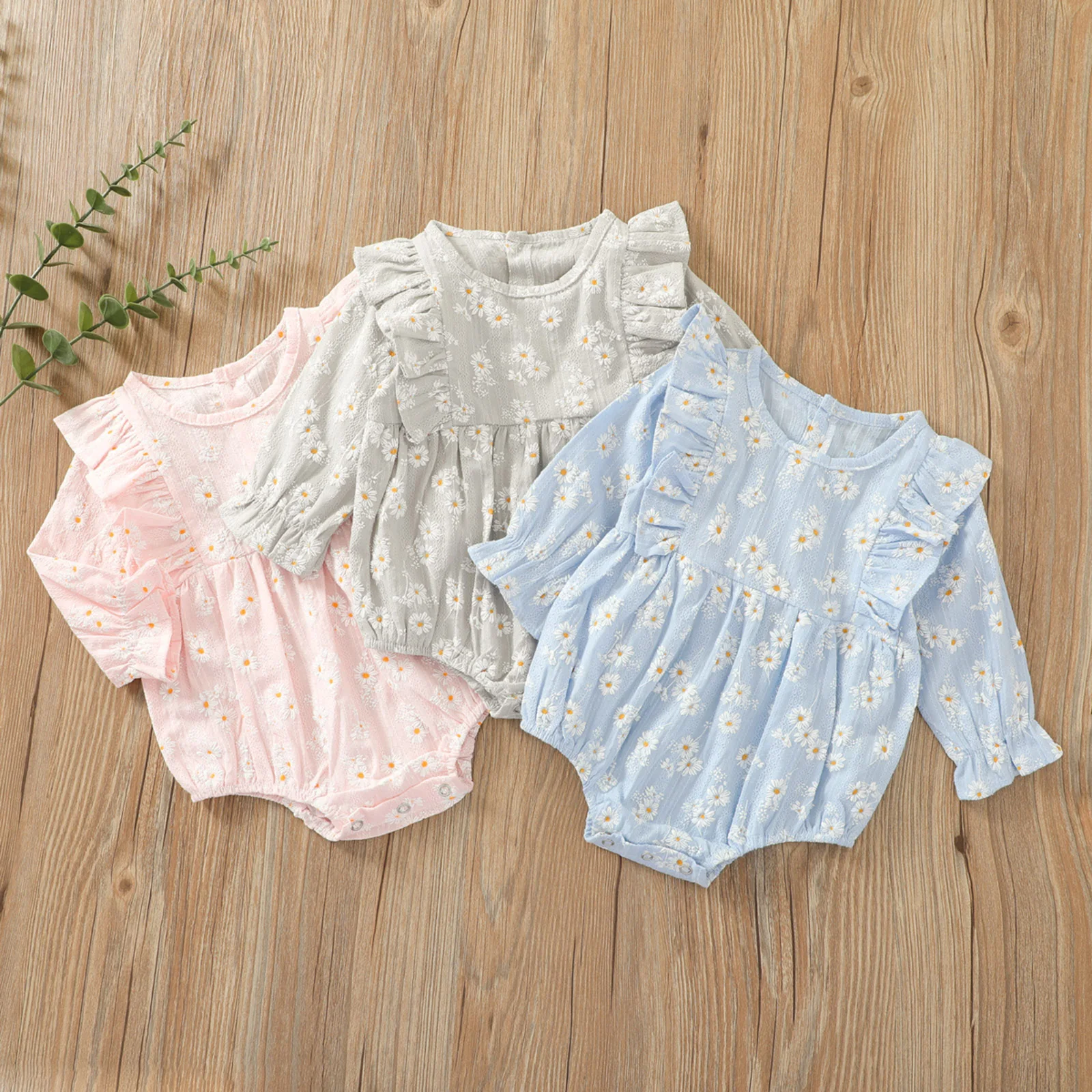 

Toddler Baby Girls Sweet Long Sleeve Bodysuit Fashion Little Daisy Jacquard Ruffle Triangle Jumpsuit
