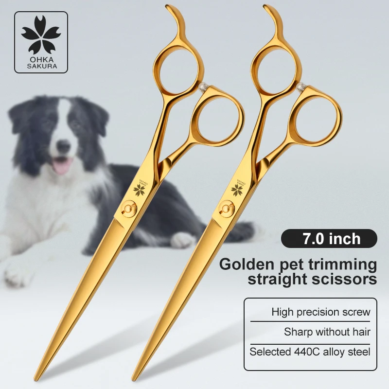 Professional Pet Grooming Scissors Golden Finishing Straight Scissors 7 Inch Flat Shearing Tools Dog Scissors Hair Trimmer