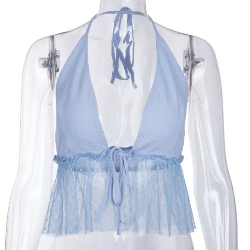 Женский жилет без рукавов с открытой спиной бандажный топ лямкой на шее сетчатый