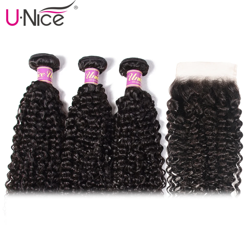 UNICE Hair Curly Bundles With 5X5 Closure Brazilian Weave 4pcs Remy Human 3 | Шиньоны и парики