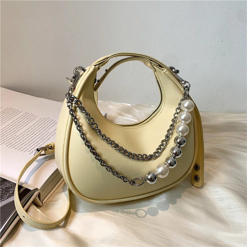 

Stylish Half Round Pearl Chain-link Small Hobo Shoulder Bags For Women Unusual Design Hand Bags High Quality Solid Crossbody Bag