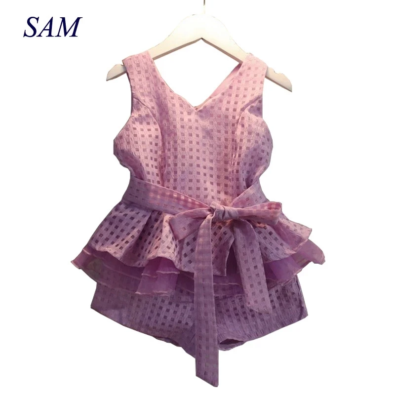 

Girls Clothing Sets 2021 Summer Sleeveless Plaid Chiffon Vest Belt Top + Shorts 2pcs Children Clothes for Girls Kids Suits