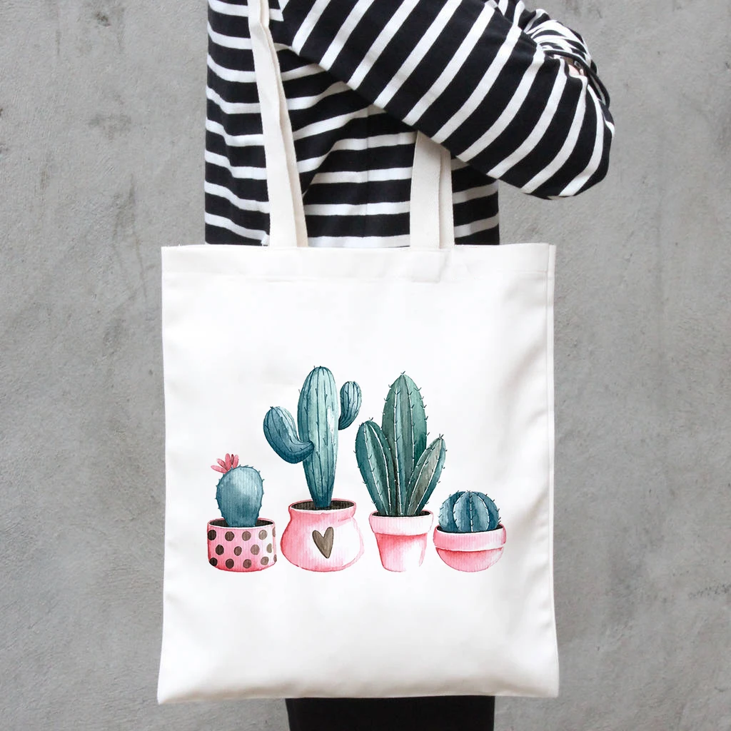 Cactus Plant Tote Bag Ladies Canvas Shopping Bags Travel Large Capacity Handbag Graphic Cute Foldable | Багаж и сумки