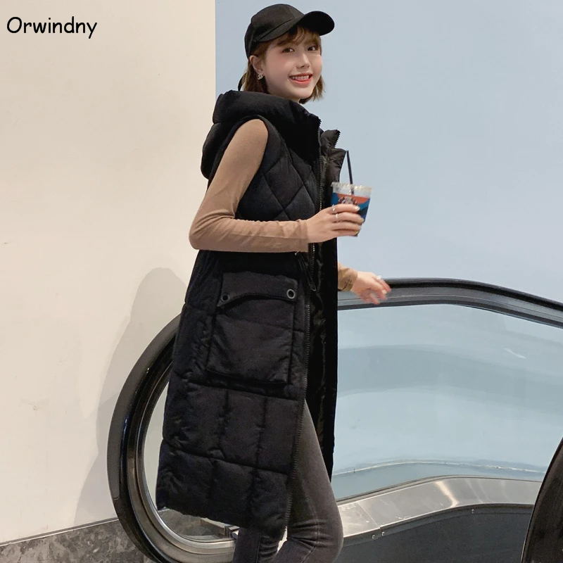 Orwindny плотный теплый жилет для женщин на шнурке тонкий модный длинный жилет женская куртка с капюшоном без рукавов вниз хлопок верх от куртки-парки