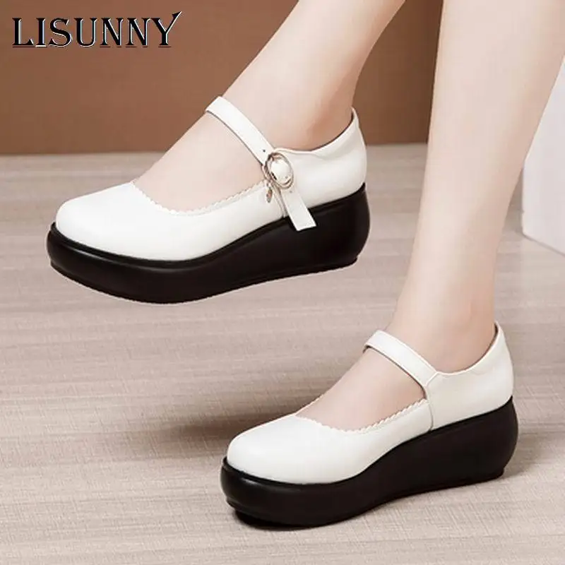 

Женские кожаные туфли на танкетке LISUNNY, черные туфли-лодочки на платформе и высоком каблуке с круглым ремешком, большие размеры 33-43, весна 2021