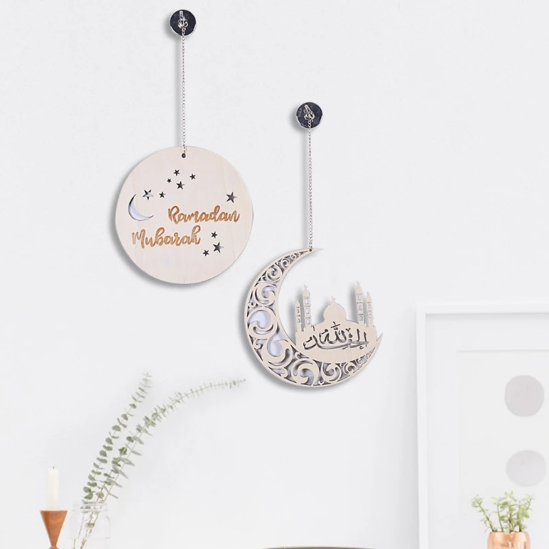 

2pcs/set Wooden Eid Mubarak Hanging Pendant Ramadan Kareem Decoration Moon Ornament Islam Muslim Party Decor
