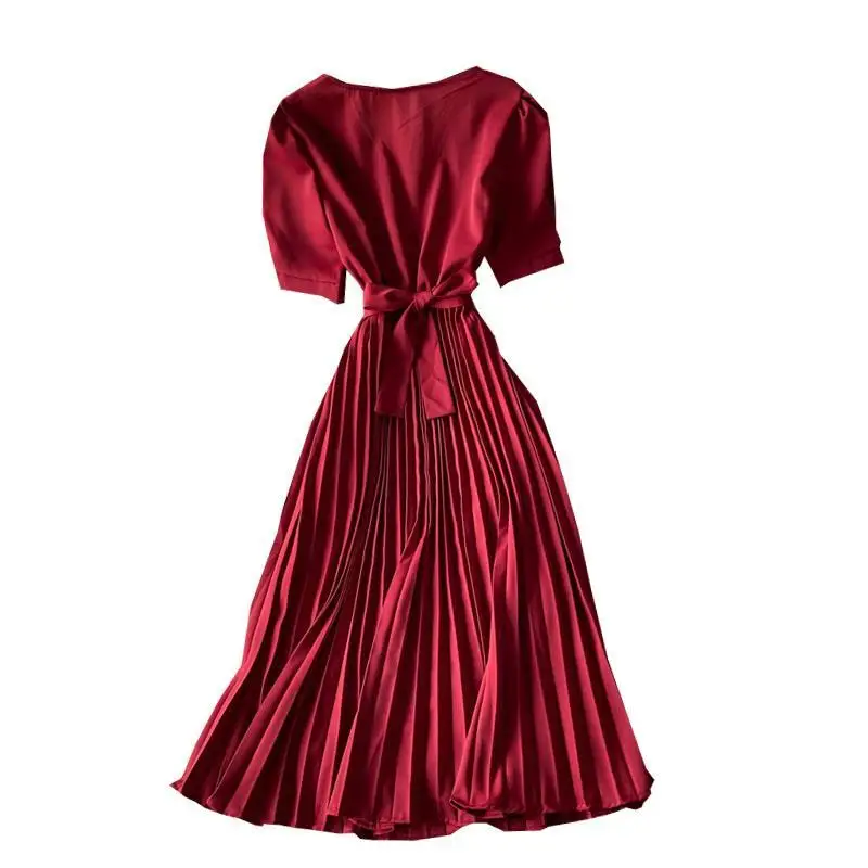 

High-waist Lace-up Pleated Mid-length Dress Fashion Temperament Waist Solid Color A-line Skirt Short Sleeves