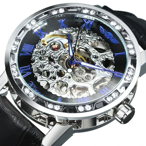 Часы наручные WINNER женские механические, брендовые роскошные, со стразами, скелетоном и кожаным ремешком, унисекс