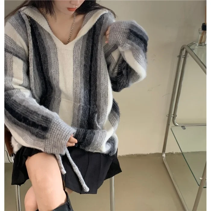 

Женский трикотажный свитер в полоску с градиентом, осень 2021, новое Свободное пальто в Корейском стиле в западном стиле для ленивых