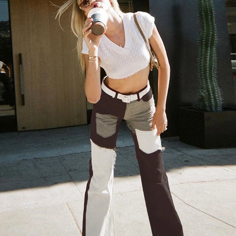 

Women's Fashion Casual Color Stitching Straight Jeans Brown