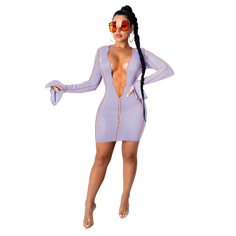 

Women Lace Up Hollow Out Ribbed Mini Dress Sexy V Neck Long Flare Sleeve Bodycon Mini Dresses Night Club Outfits