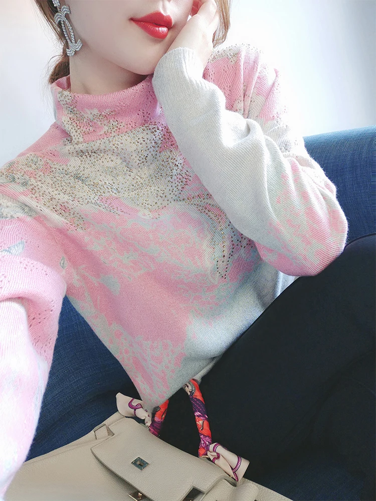 

Foreign style hot diamond printing high collar with knitted top for women's new winter thin sweater with long sleeve