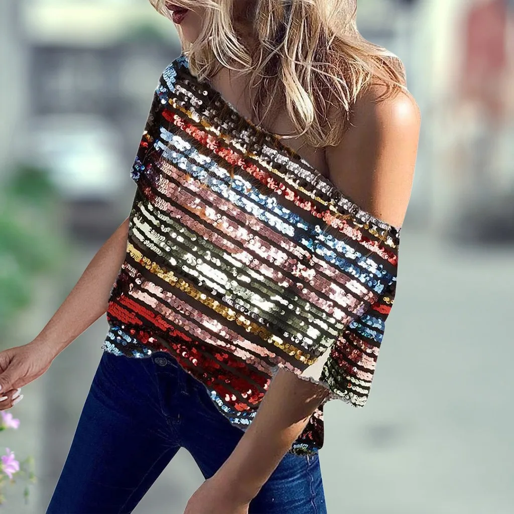 Женская футболка с блестками пуловер асимметричный воротник короткий рукав без